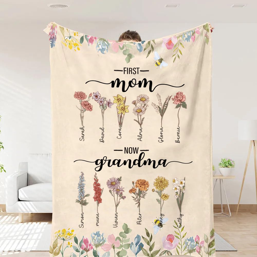 Pofily First Mom Now Grandma Birth Flowers Blanket, Personalized, Mom Grandma Blanket Gift for Mom Gift for Grandma, Mom Blanket, Grandma Blanket