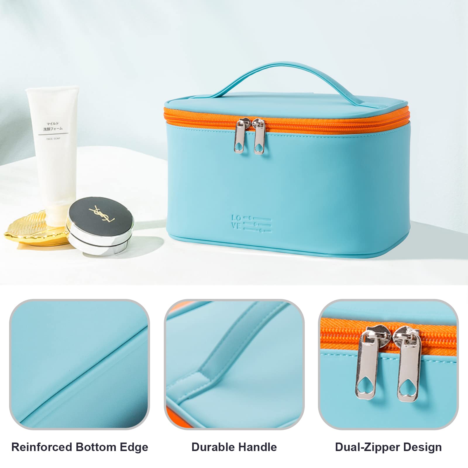 Makeup Bag Portable Travel Cosmetic Bag for Women, Beauty Zipper Makeup Organizer PU Leather Washable Waterproof (Light Blue)