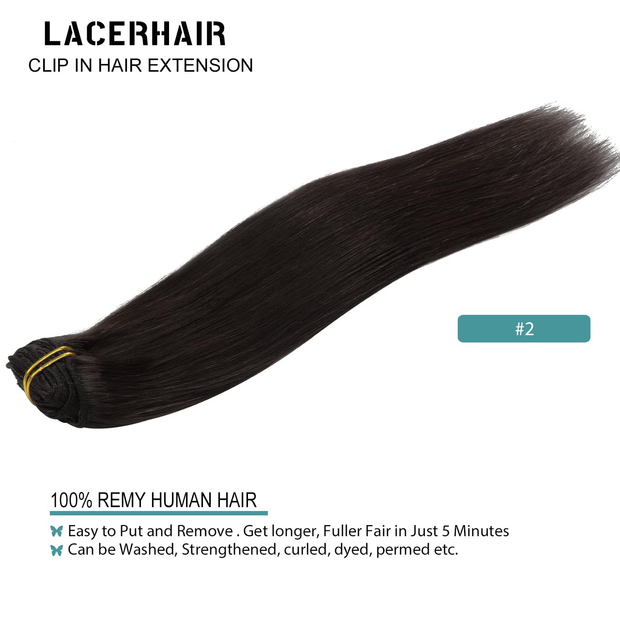 Lacer Brown Hair Extensions Clip in Human Hair 120g 7 pcs Double Weft Straight Lace Clip in Hair Extensions in Darkest Brown #2 14 Inch Full Head Set Clip Ins