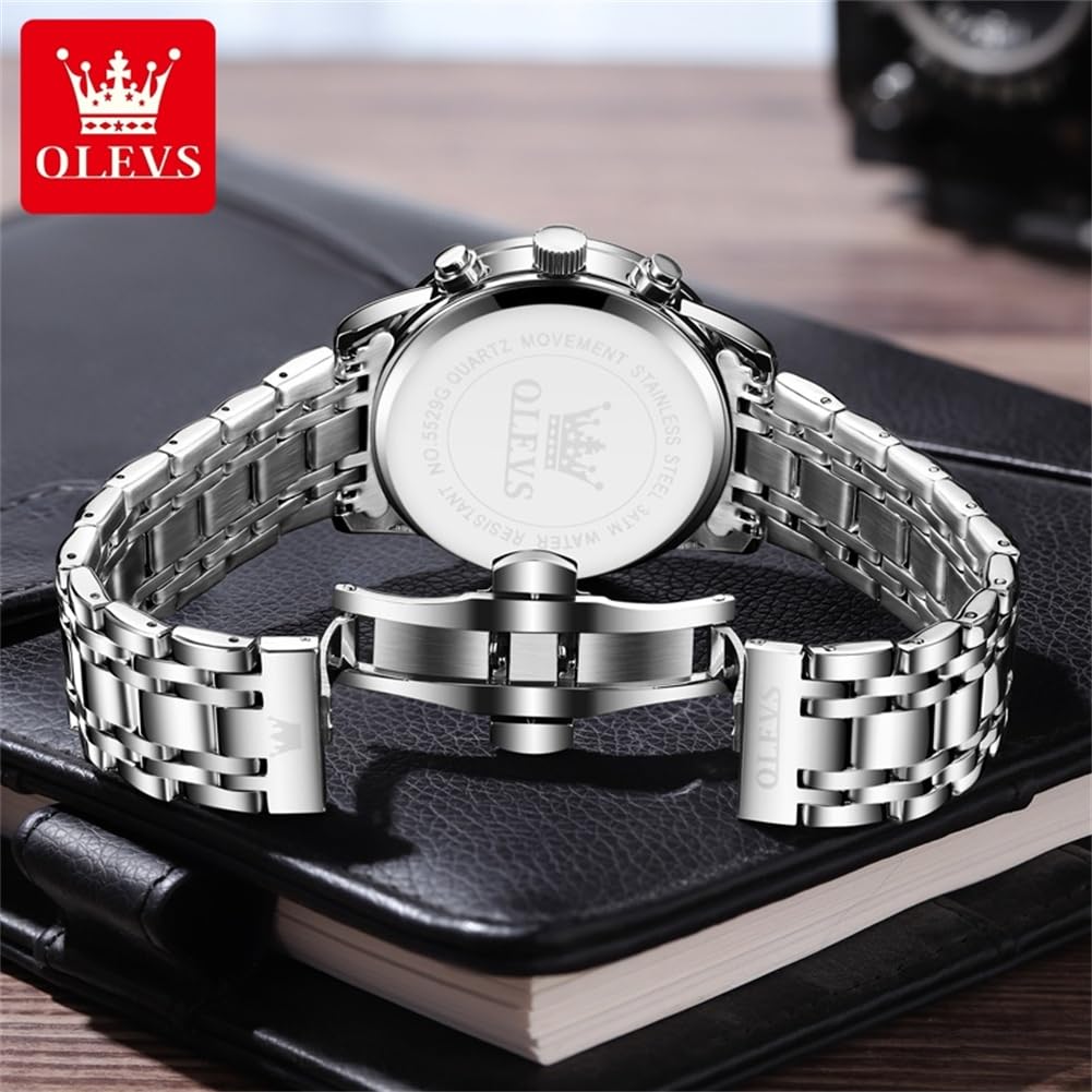 OLEVS Men Analog Quartz Watches Fashion White Dial Watches for Men Chronograph Watches Sliver Stainless Steel Watches Men Day Date Watches Mens Waterproof Watches Roman Numerals Watches Luxury