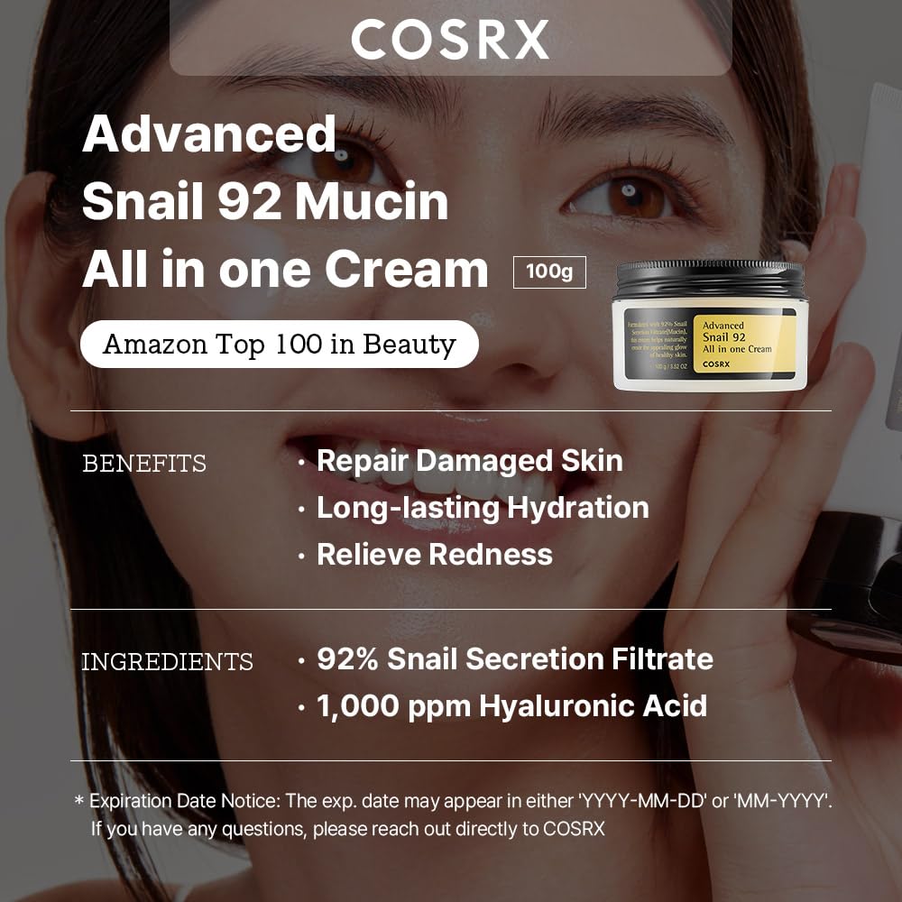 COSRX Snail Mucin 92% Face Moisturizer, 3.52 Oz, Lightweight Moisturing Cream for Soft, Glowy Skin, Korean Skin Care, Korean Moisturizer Face Cream