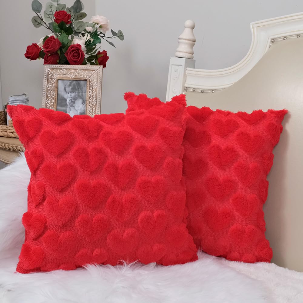 GEEORY Valentines Day Soft Plush Love Heart Pillow Covers, 18 x 18 Inch Set of 2, Faux Fur Wool Decorative Anniversary Cushion Case for Sofa Home Decoration Red GC010-18