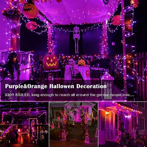 ZHOUDUIDUI Purple and Orange Halloween Lights, 800LED 330FT String Lights 8 Modes Timer Plug in Waterproof Indoor Outdoor Christmas for Garden Party Decoration, JT-EL/FC300V0200