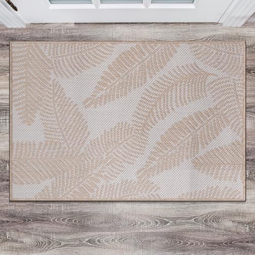 Rugshop Bella Distressed Palm Leaves Textured Flat Weave Easy Cleaning Outdoor Rugs for Deck,Patio,Backyard Indoor/Outdoor Area Rug 2' x 3' Natural