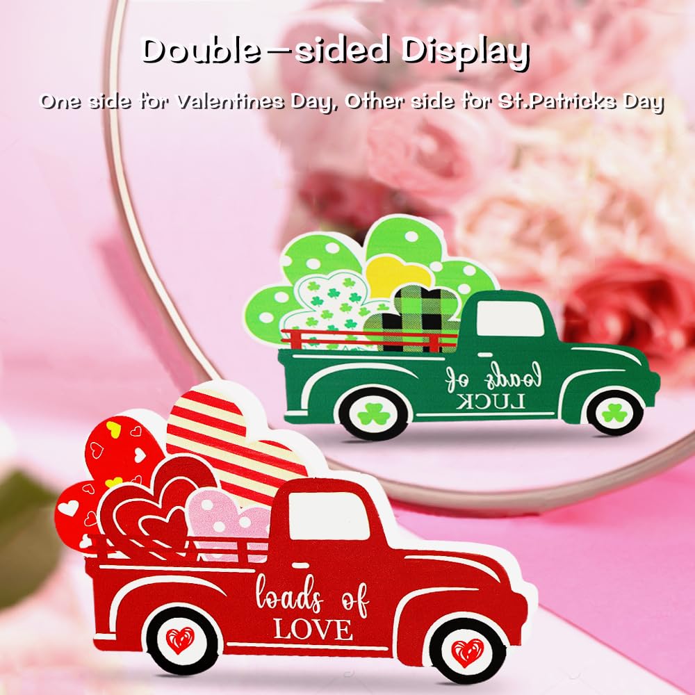 AKEROCK Valentines Day Decor/St.Patricks Day Decorations, Double Sided Wooden "LOVE" / "LUCK" Blocks & Truck Sign for Table, Desk, Mantel Decor - Valentines Day Decorations for the Home