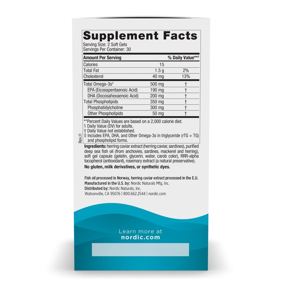 Nordic Naturals Omega-3 Phospholipids, Unflavored - 60 Soft Gels - 500 mg Omega-3 & 350 mg Phospholipids - Heart & Brain Health - Small, Easy-to-Swallow Soft Gels - Non-GMO - 30 Servings