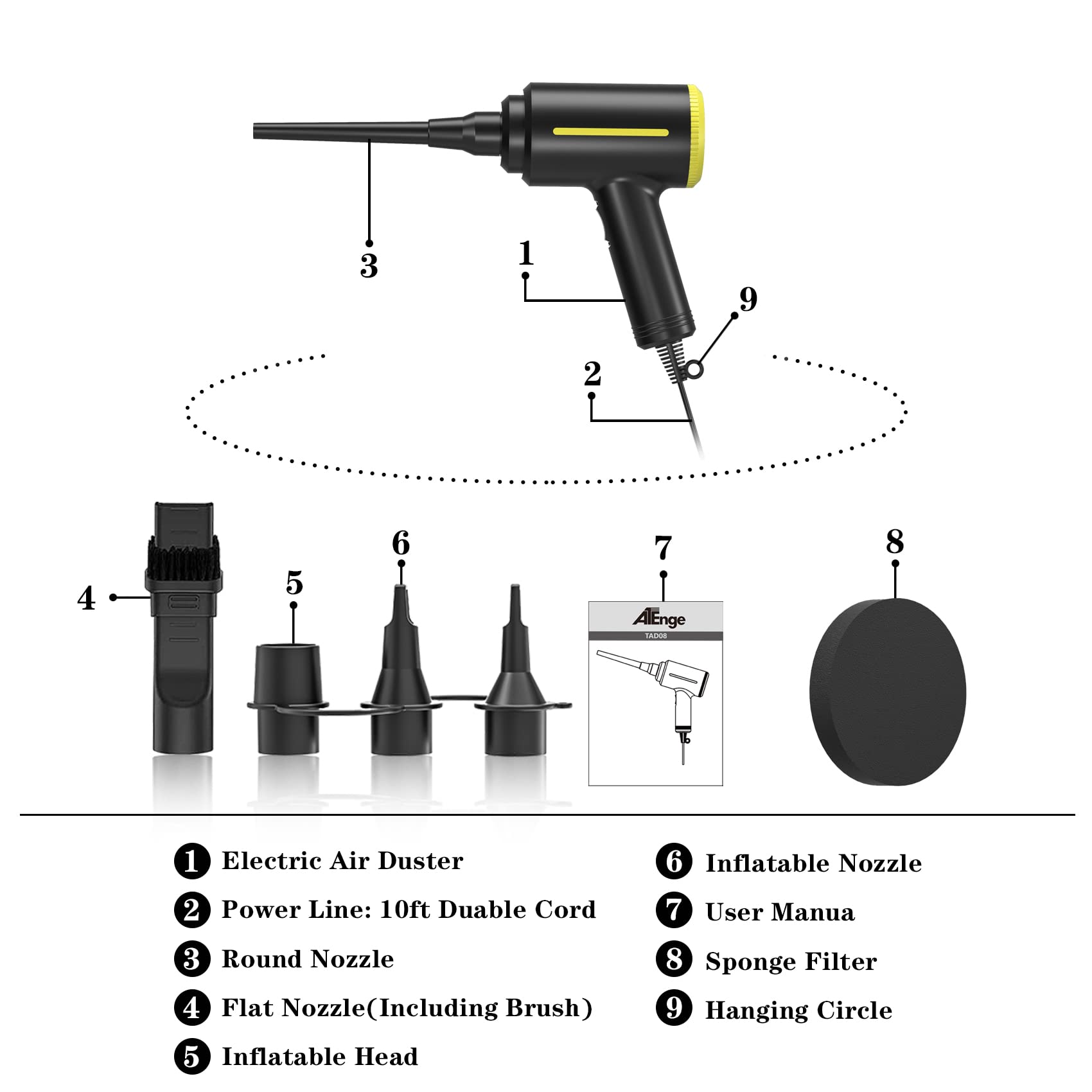 ATEngeus Compressed Air Duster, Multi-Use Electric Air Duster for Computer Keyboard Cleaning, Dust, Hairs, 2 Speed, 40000RPM Air Blower & Air Pump, Reusable Duster Replaces Compressed Air Cans