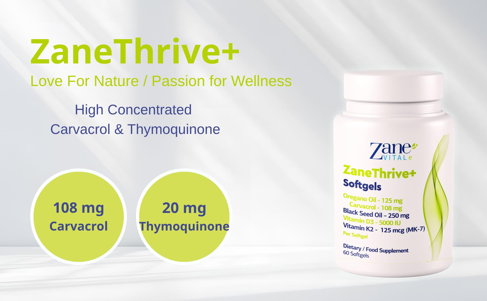 ZaneThrive+ Vitamin D3 & K2, Oregano Oil, Black Seed Oil Supplement - High Potency - Immune & Bone Wellness - with Carvacrol & Thymoquinone - Non-GMO, Gluten-Free - 60 Softgels by Zane Vital.