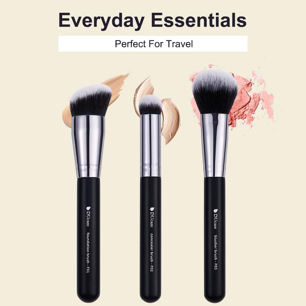 DUcare Makeup Kabuki Brushes 3Pcs Foundation Contour Brush& Concealer Brush Under Eye& Blusher Brush Face Blush Bronzer Travel Buffing Stippling Contour Liquid Blending Makeup brush set Black