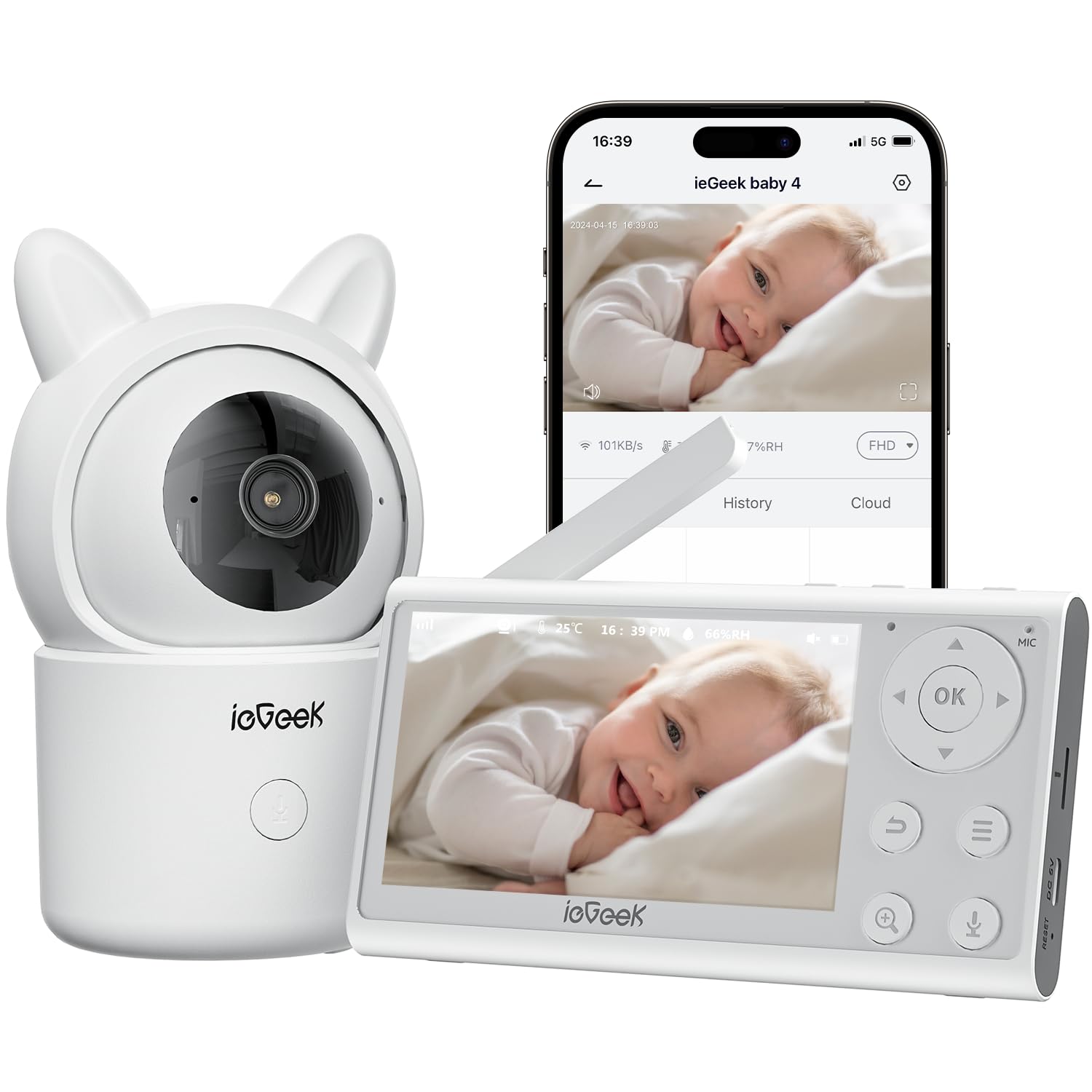 ieGeek Video Baby Monitor with Camera and Audio - 1080P FHD Monitor WiFi Smartphone - Night Vision, Motion Detection, Temper & Humidity Sensor, 2.4GHz WiFi, Pan-Tilt-Zoom via 4.3" Screen and Free APP