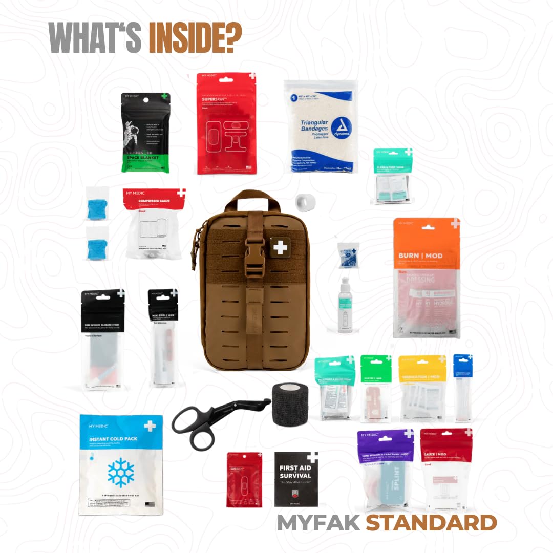 My Medic MyFAK Standard - Ifak First Aid Kit - HSA FSA Eligible - 132 Life Saving Trauma and Medical Items - Survival Kit for Camping or Your Car - Coyote