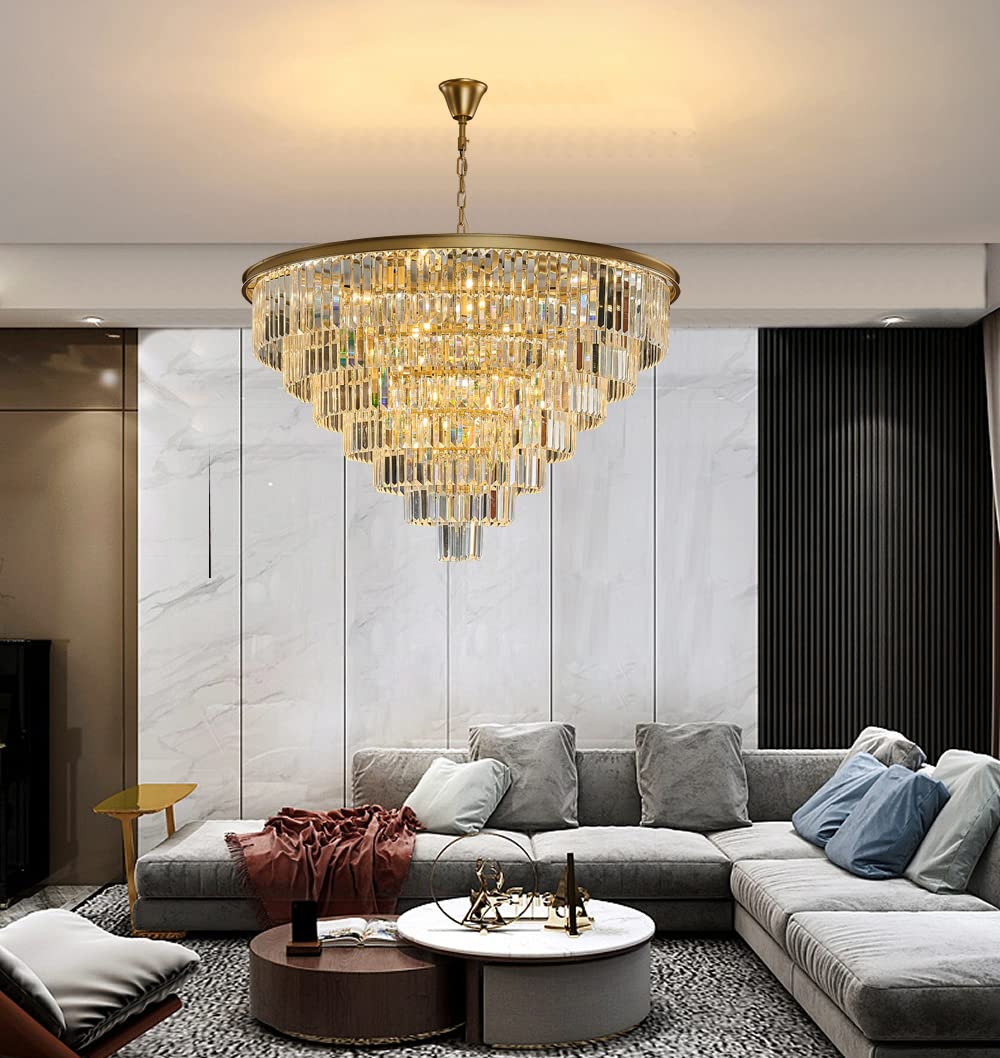 Uboxin Large Gold Crystal Chandelier Luxury High Ceiling Lights Fixture Hanging, 27 Light Modern Crystal Chandelier Light Fixture 7-Tier for Dining Living Room Bedroom (Gold, 40in-27 Lights)