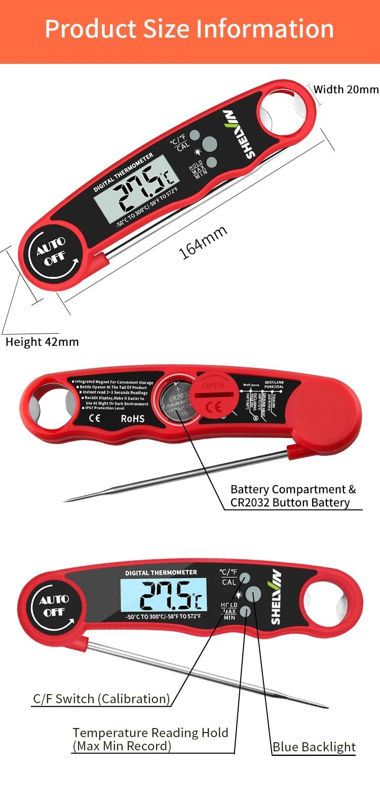 Digital Meat Thermometer with Bottle Opener - Waterproof Magnetic Instant Read Temperature Folding Probe for Cooking Hot Food Oil Fryer BBQ Grill Smoker Candy Liquids Beef Chicken Lamb Fish Pork