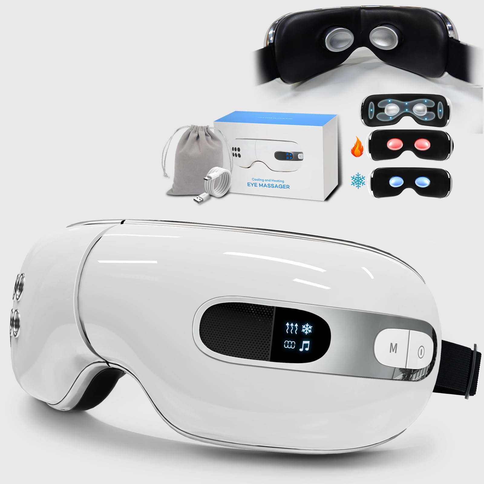 BOQUBOO Eye Massager with Heat and Cooling for Migraine Dry Eyes Relief, Rechargeable Bluetooth Music Migraines Relief Eye Massager Improve Sleeping Gifts for Women Men