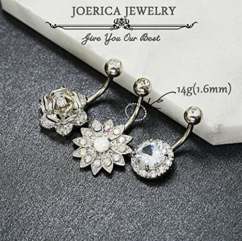 JOERICA 3Pcs 14G 316L Stainless Steel Belly Button Rings for Women Flower CZ Dangle Belly Button Rings Navel Piercing Jewelry