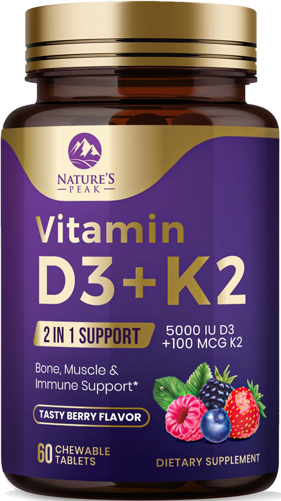Vitamin D3 K2 - 5000 iu Vitamin D3 & 100 mcg Vitamin K2 (MK-7) Complex for Immune Support - Bone, Teeth & Muscle Health Support - Berry Chewable, Gluten Free, Non-GMO, Bottled in USA - 60 Tablets