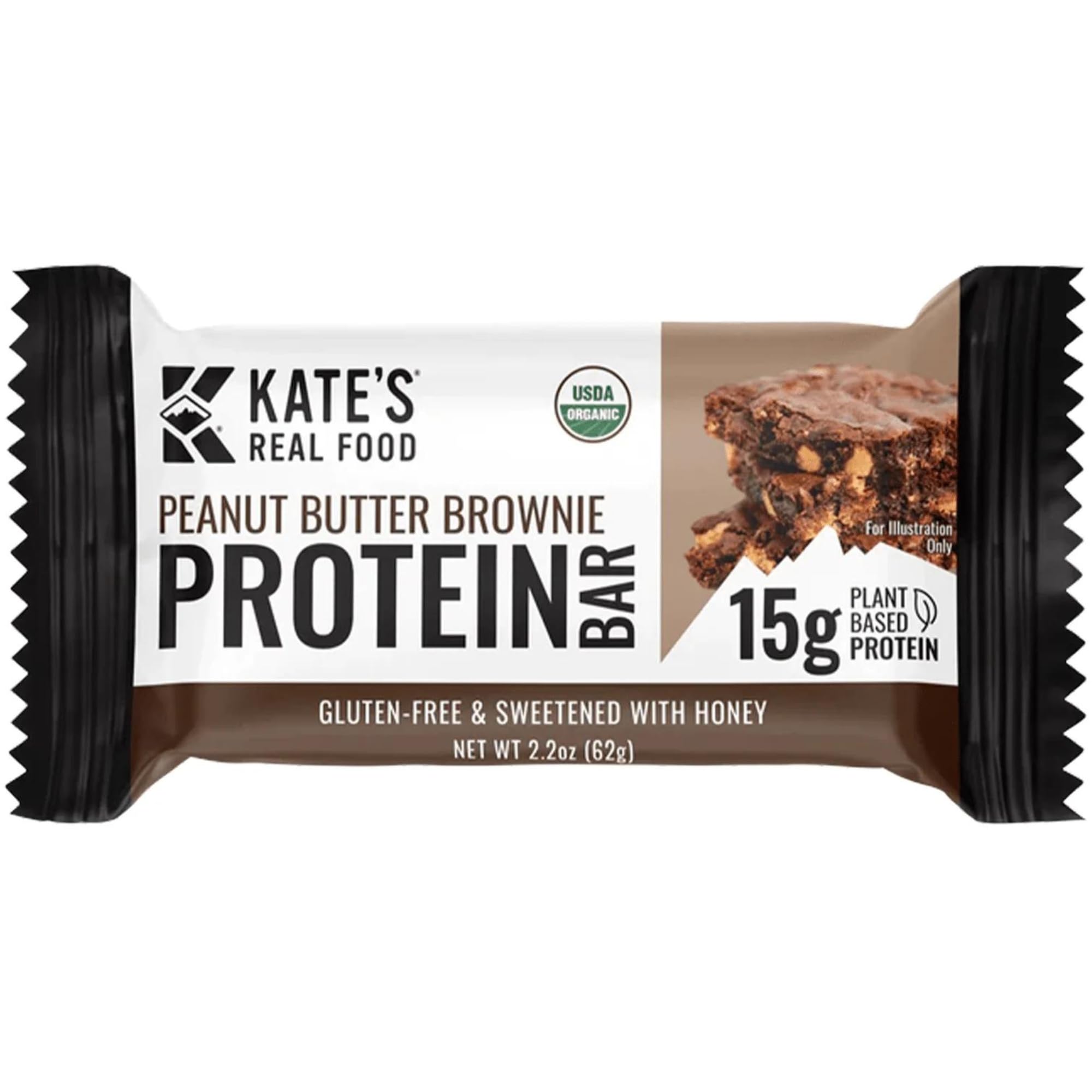 Kate’s Real Food Organic Protein Bars – (Peanut Butter Brownie, 2.2 oz, Pack of 12) – Plant Based Protein Bars - Gluten Free, Soy Free, Non GMO, Whole Grains, and All Natural