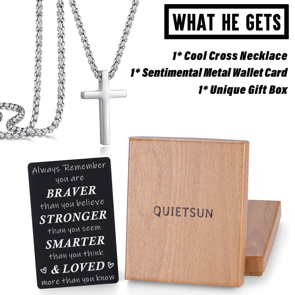 Quietsun Stocking Stuffers for Teens Teenage Boys Gifts Ideas Christmas Day Cross Necklace for Men Boys 14 16 18 Year Old Him Birthday Gifts for Son Silver Cross Chain Valentines Confirmation Easter