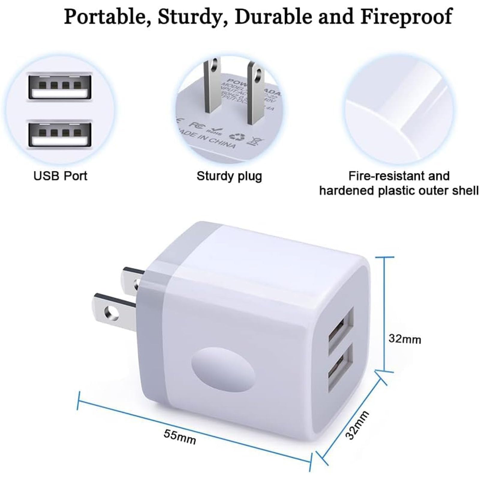 USB Wall Charger, FiveBox 2Pack Dual Port 2.1Amp Fast Brick Base Adapter Charging Block Charger Cube Plug Charger Box for iPhone 16 Pro Max 15 14 13 12 11 Pro X 6 6S 7 8 Plus, iPad, Samsung, Android