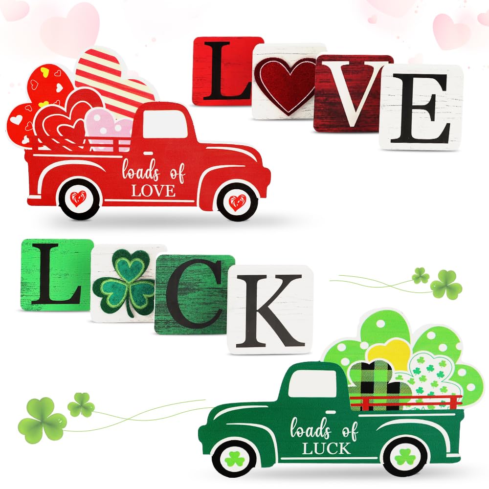 AKEROCK Valentines Day Decor/St.Patricks Day Decorations, Double Sided Wooden "LOVE" / "LUCK" Blocks & Truck Sign for Table, Desk, Mantel Decor - Valentines Day Decorations for the Home