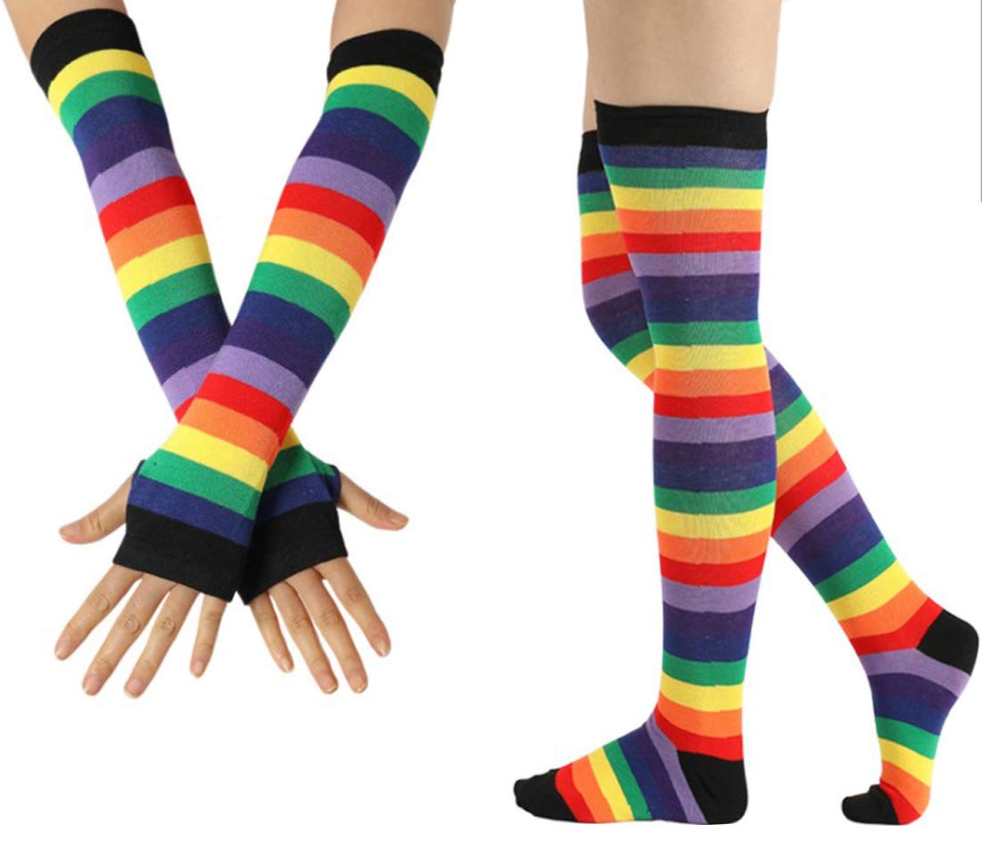 Uplife Women Girls Knitted Rainbow Stripped Over Knee Long Leg Warmers & Arm Warmers For Cosplay Stage Performance (Rainbow-3)