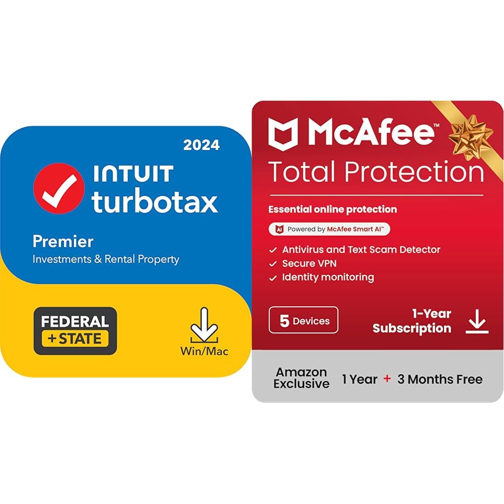 TurboTax Premier 2024 Tax Software, Federal & State [PC/MAC Download] & McAfee Total Protection 5 Devices