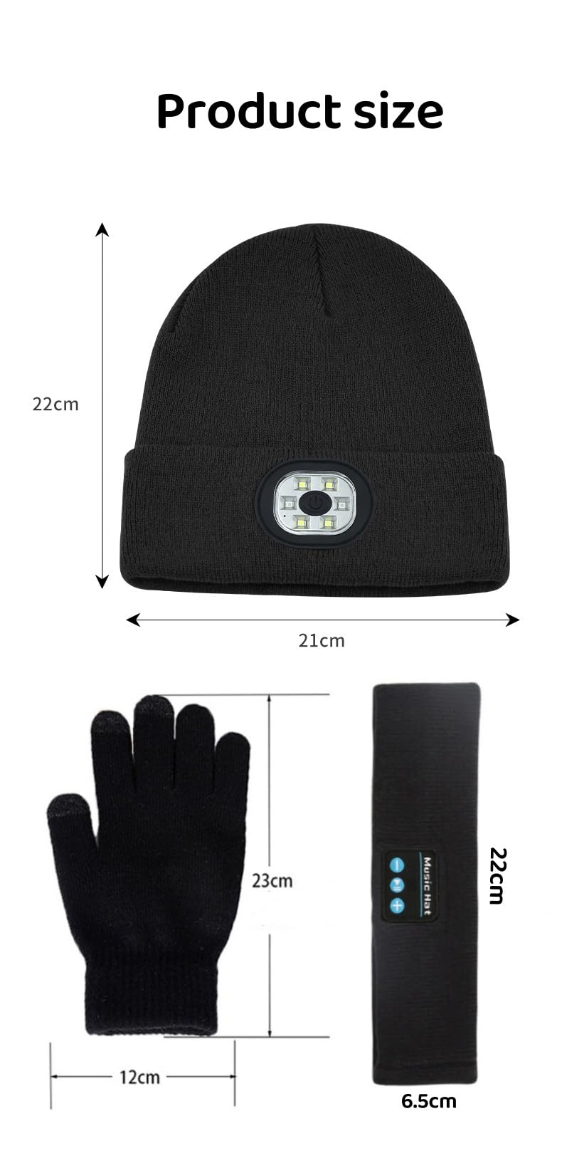 Unisex Beanie with Rechargeable LED Light, Gloves, Bluetooth Headband Black