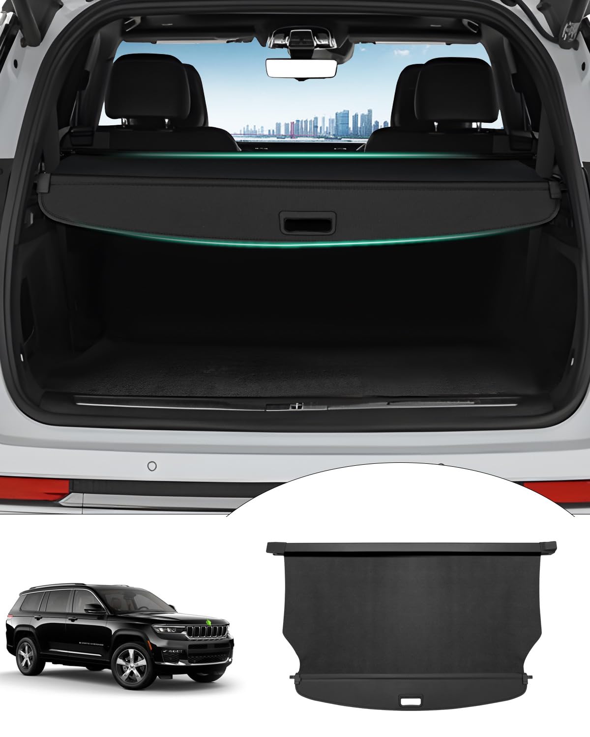 Powerty Cargo Cover for 2021-2024 Jeep Grand Cherokee L(3 Row) Accessories Trunk Cover Retractable Trunk Shielding Shade Cargo Luggage Cover Black