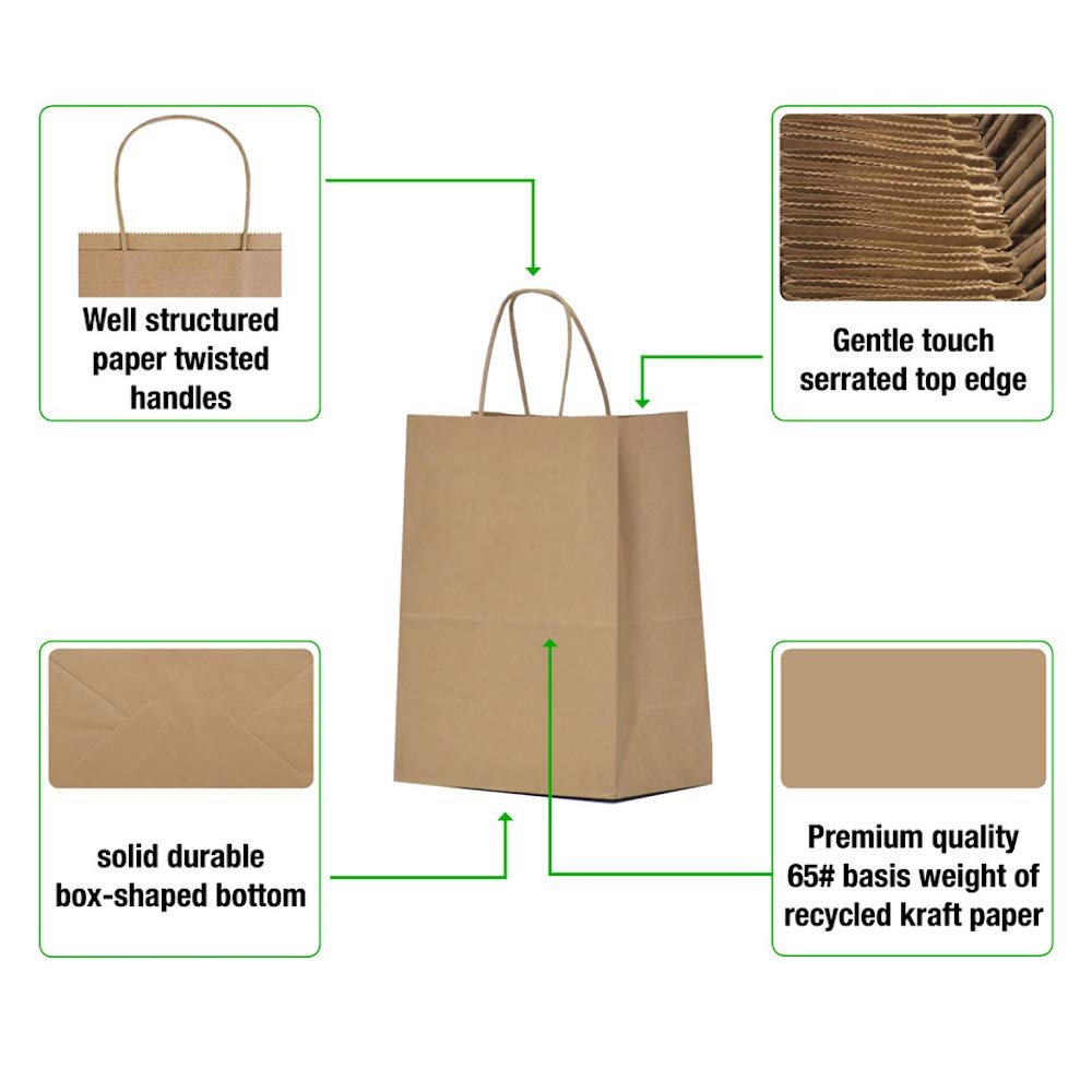 Qutuus Kraft Paper Gift Bags with Handles - 8x4.5x10 25Pcs Brown Shopping Bags for Parties, Favors, Businesses