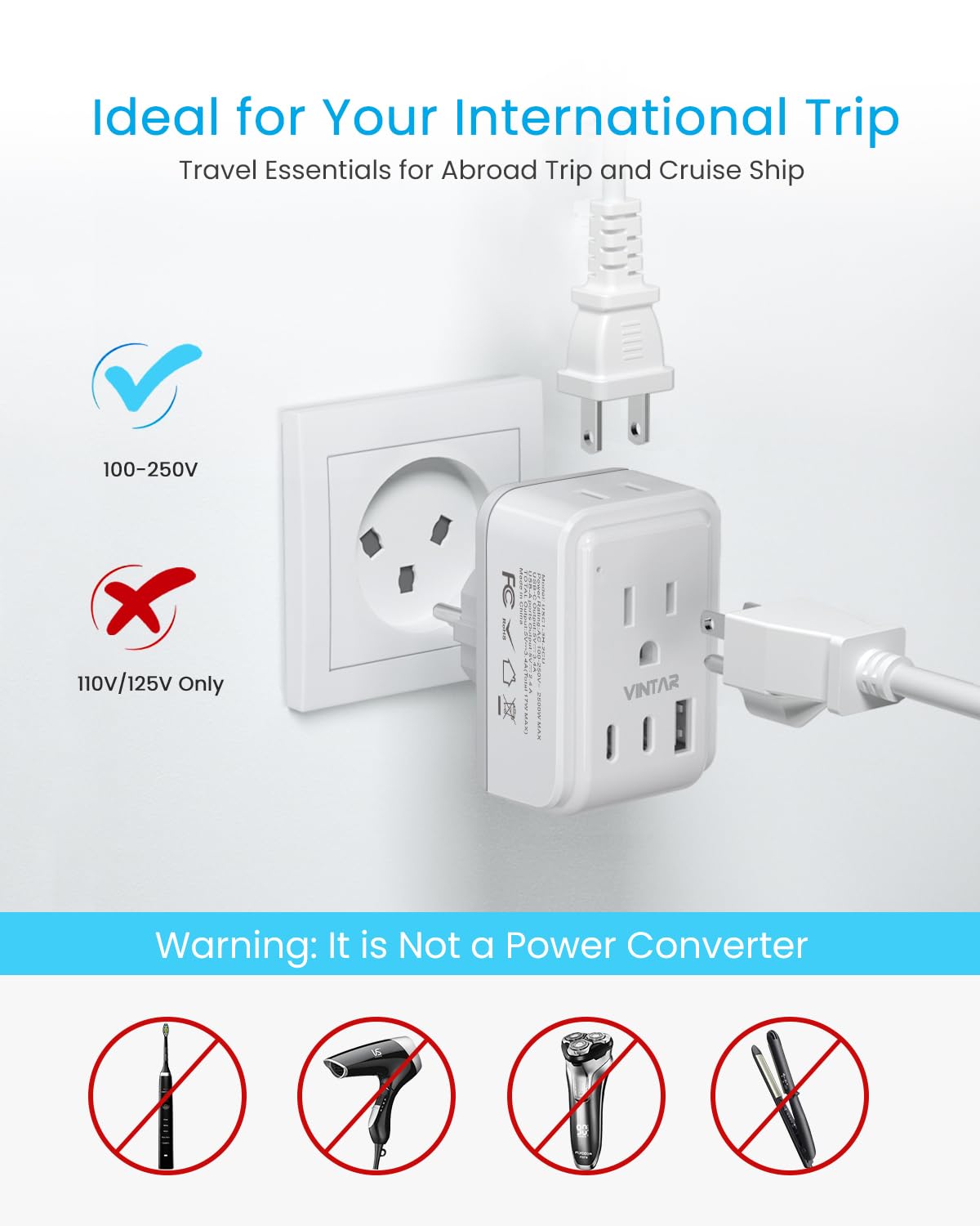 [2-Pack] Israel Power Adapter, VINTAR Israel Plug Adapter with 3 USB Ports(2 USB C) and 2 Outlets, 5 in 1 Type H Travel Adaptor for US to Israel, Palestine, Jerusalem