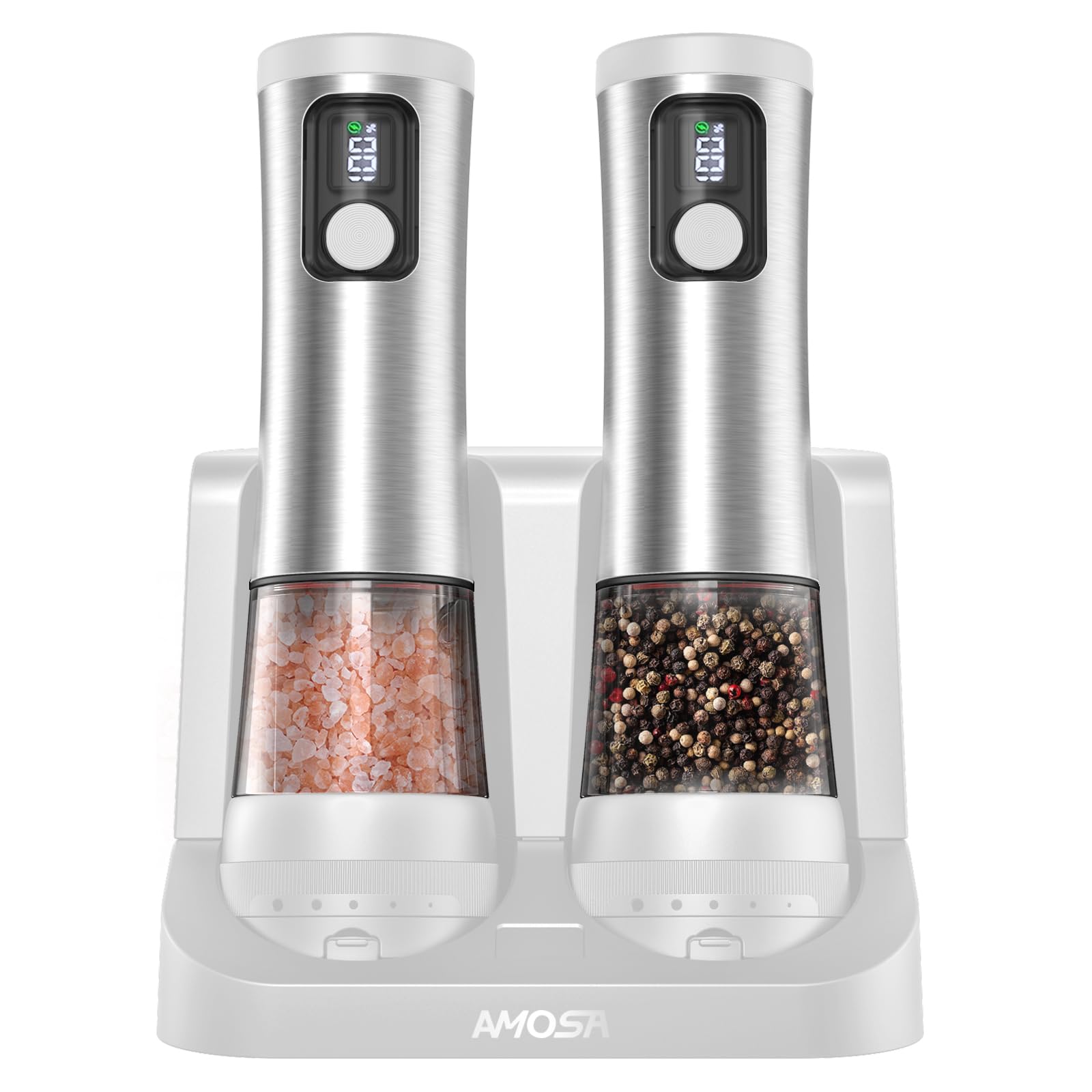 Electric Salt and Pepper Grinder Set, Upgraded 2-Speed Setting, External 5 Adjustable Coarseness, Battery Display Rechargeable Base, Stainless Steel Automatic Salt & Pepper Shaker Mill with LED, White