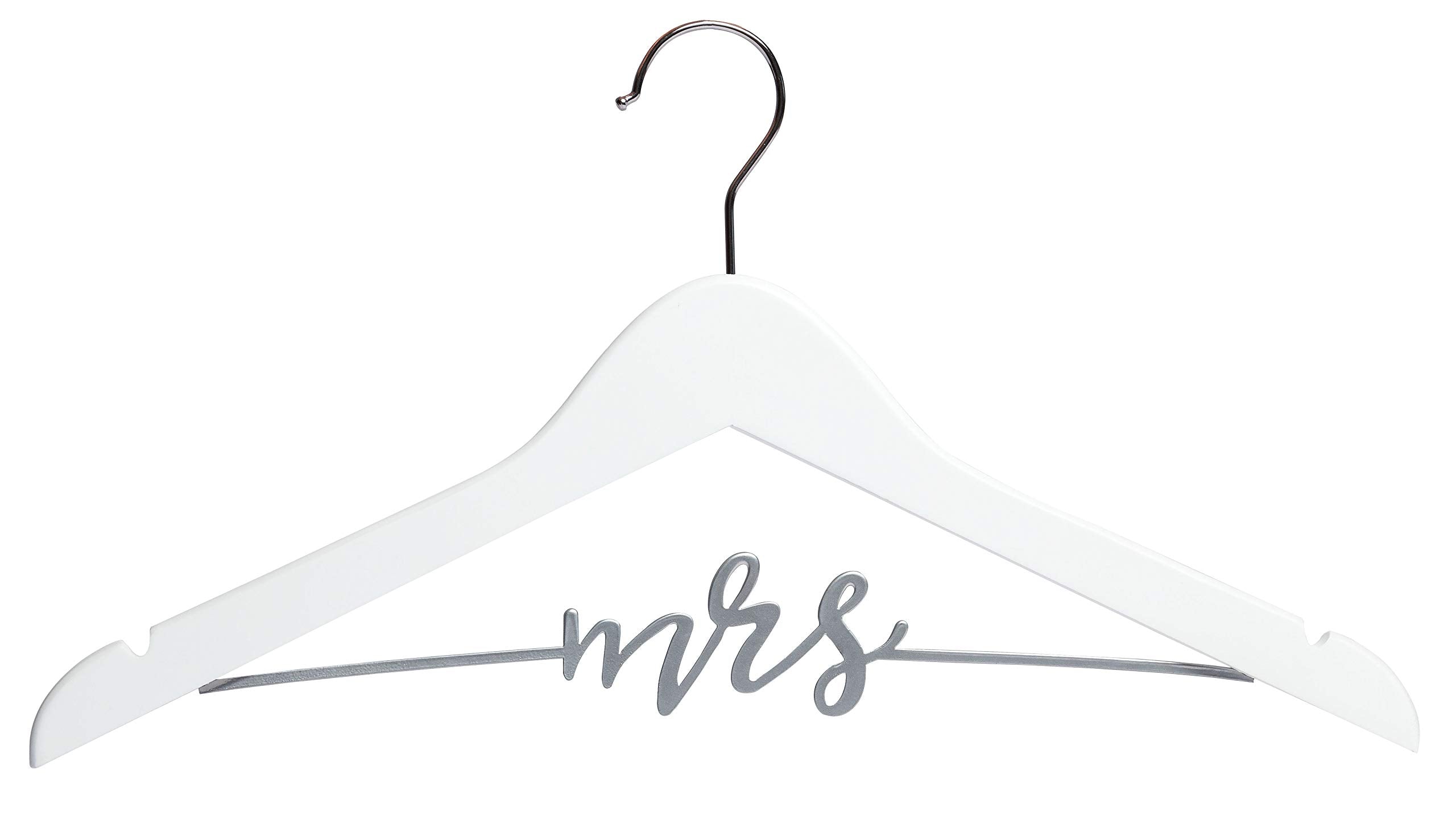 Pearhead Mrs. Wedding Dress Hanger for Bride to Be - Elegant Bridal Hanger, Ideal Keepsake for Wedding Day Photos and Gift for Bride, Wooden Hanger with Cursive Wire Lettering, White and Silver