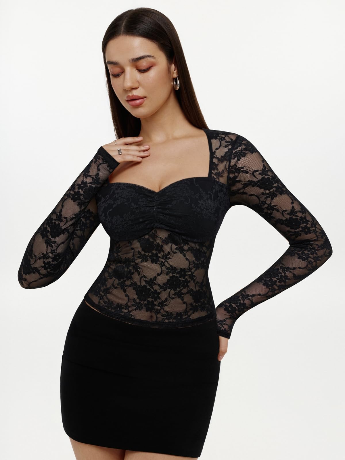 REORIA Women Lace Long Sleeve Tops Sexy See Through Mesh Shirts Low Cut Slim Fit Y2K Going Out Blouses Fashion Club Tee, Black M
