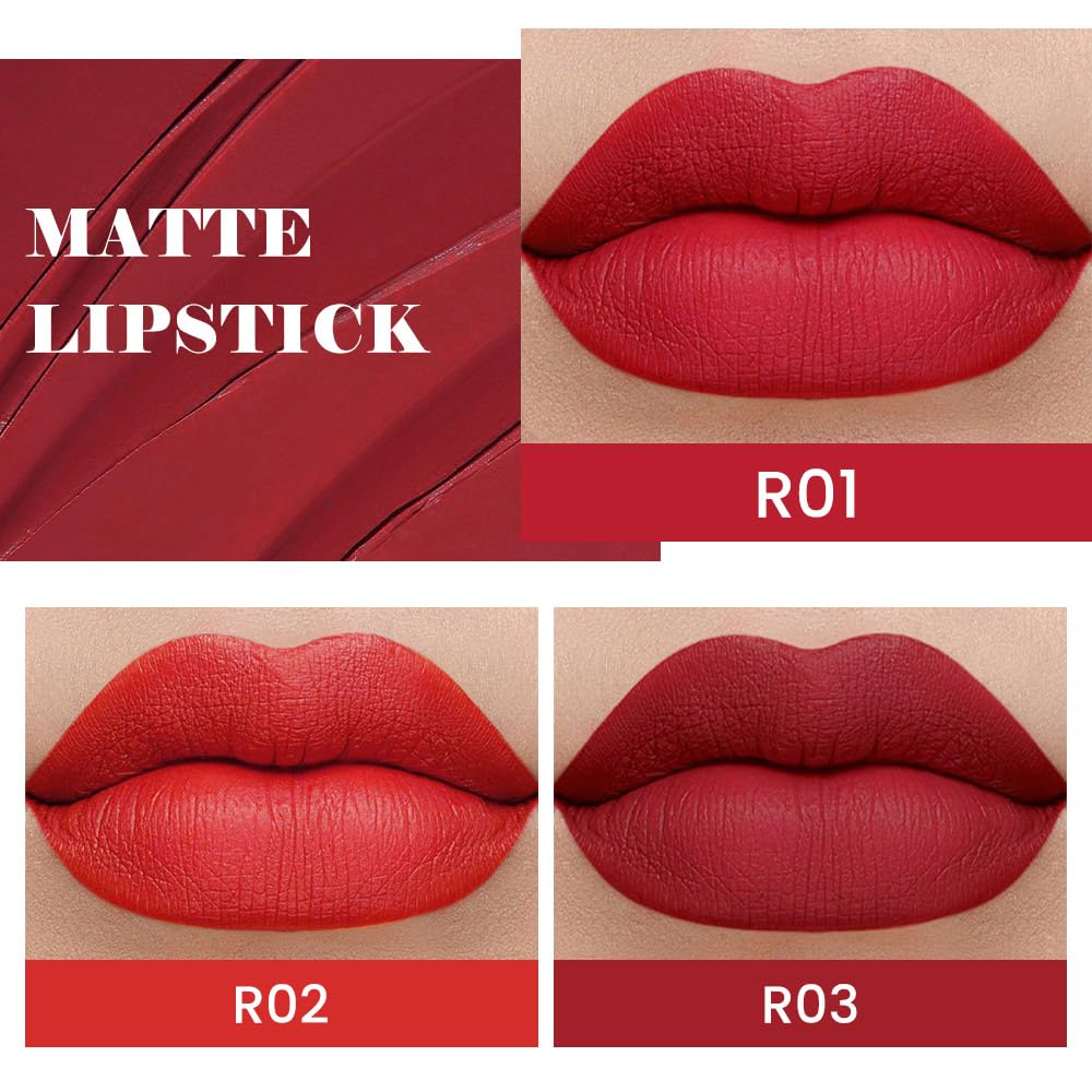 evpct 3Pcs Dark Deep Light Bright Ruby Red Matte Lipstick Set for Women Red Matte Silky Velvet Listick Waterproof Long Lasting Smudge Proof 24 hour Lip Stain Makeup matte lipstick 24 hours original 5