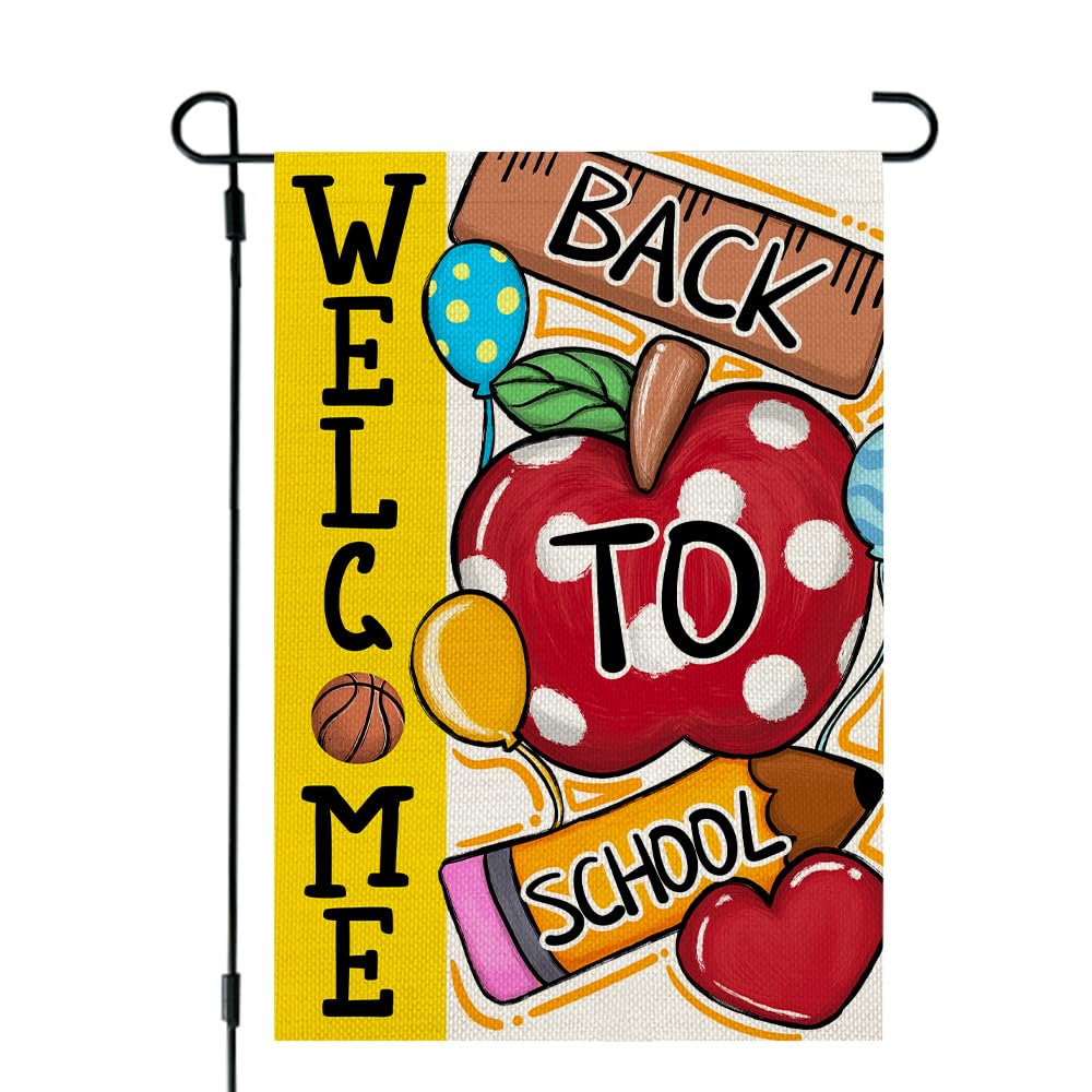 CROWNED BEAUTY Back To School Garden Flag 12x18 Inch Double Sided Small Burlap Holiday Yellow Welcome Flag for Outside Yard Party Decoration CF1654-12