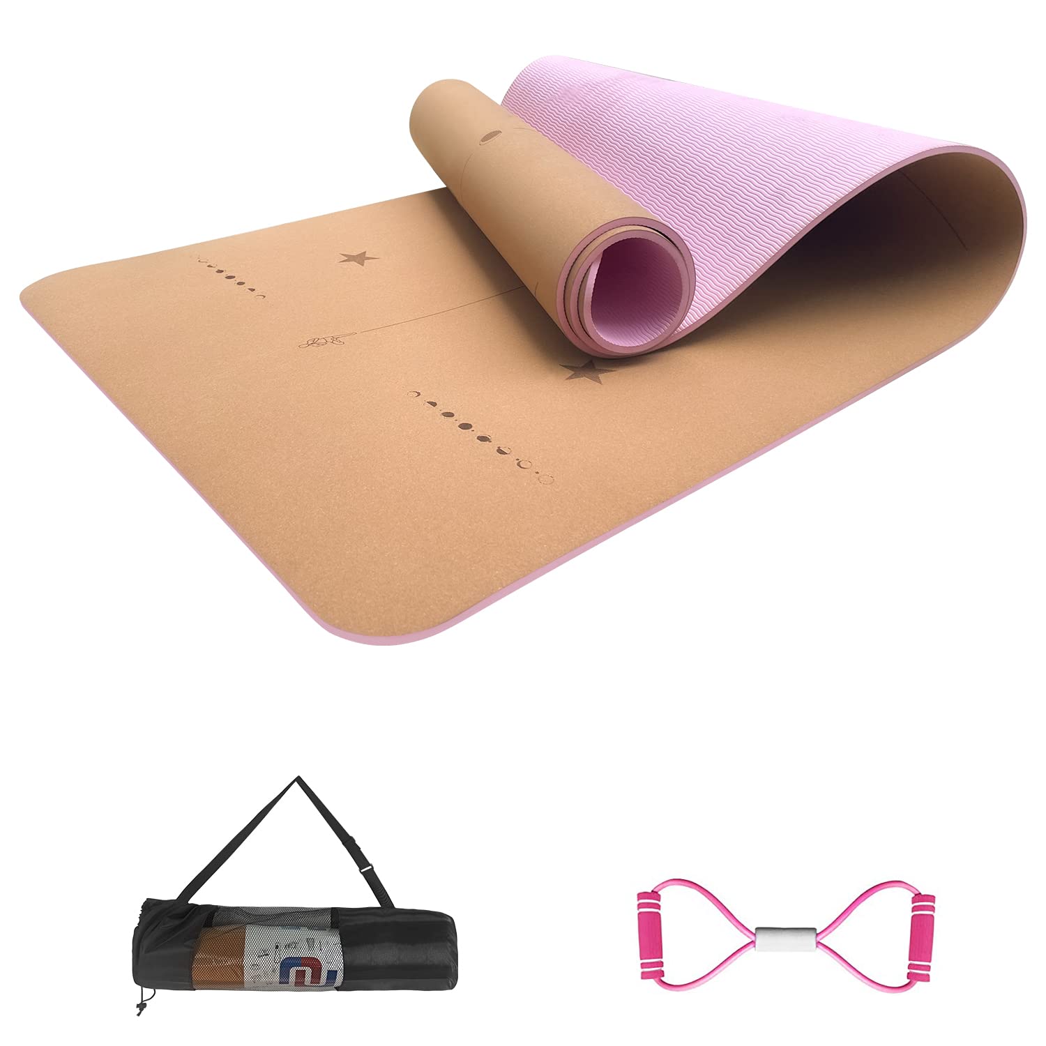 Numat Cork Yoga Mat 6mm (1/4 inch) Thick 72x24 in, Sweatproof NonSlip Eco-friendly, Lightweight TPE foam with Alignment Lines, Gym and Exercise, Black Carrying Bag w. Strap Included