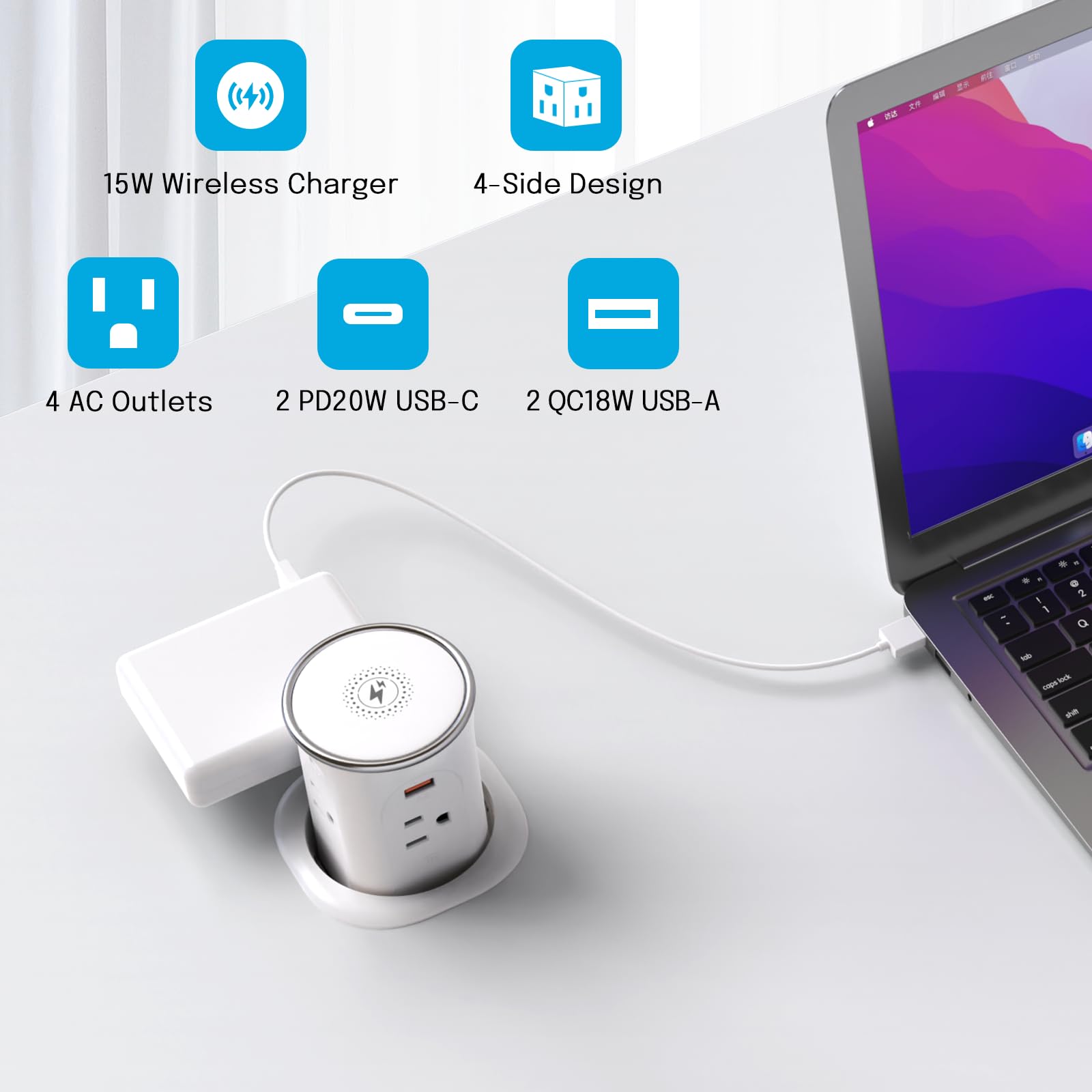 3.15in Pop Up Countertop Outlet with 15W Wireless Charger, Max 20W USB Power Delivery 15A Tamper Resistant, Desktop Mount Electrical Receptacle with 4 Outlets & 4 USB for Home Office