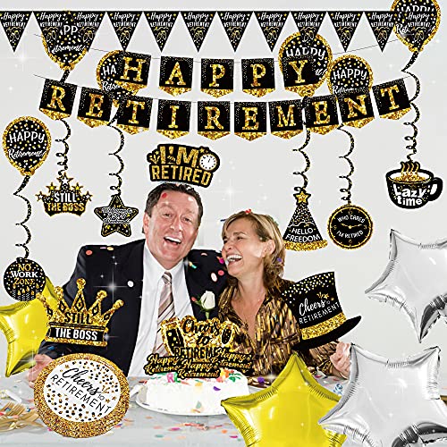 Happy Retirement Party Decorations supplies - (80pack) black gold party Banner, Pennant, Hanging Swirl, retirement balloons, Tablecloths, cupcake Topper, Crown, plates, Photo Props, retired Sash