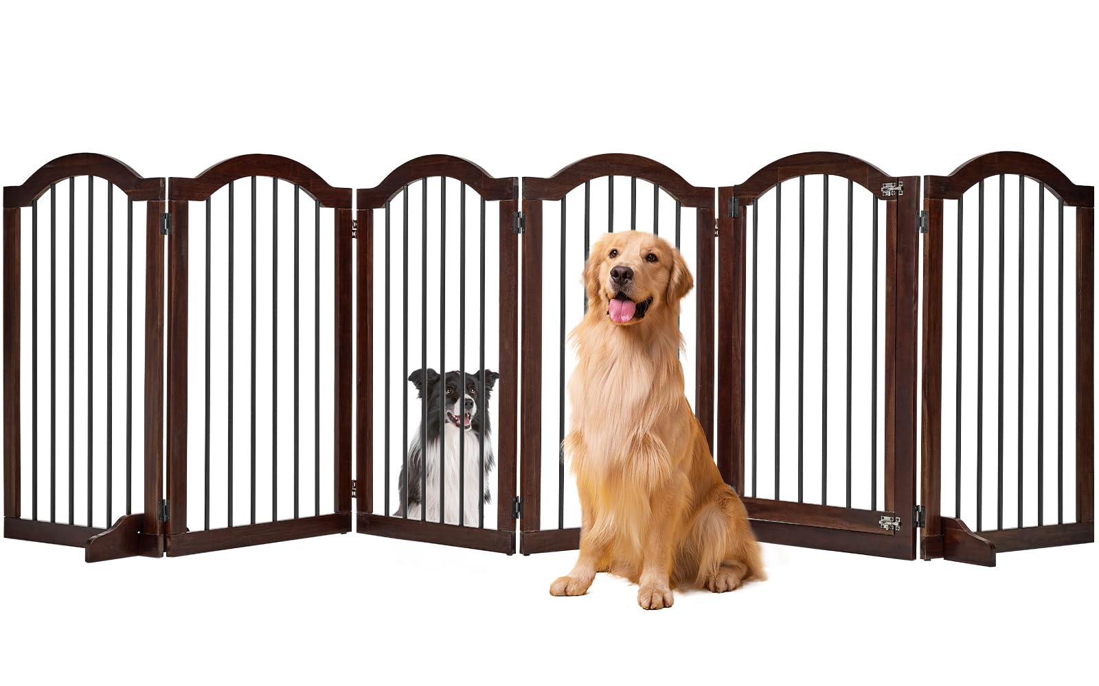 PrimeZone 120" Extra Wide Dog Gate - 6-Panel 30" Tall Solid Acacia Wooden Freestanding Puppy Gates with Door, Foldable Indoor Pet Fence for Doorways, Stairs, Support Feet Included, Brown