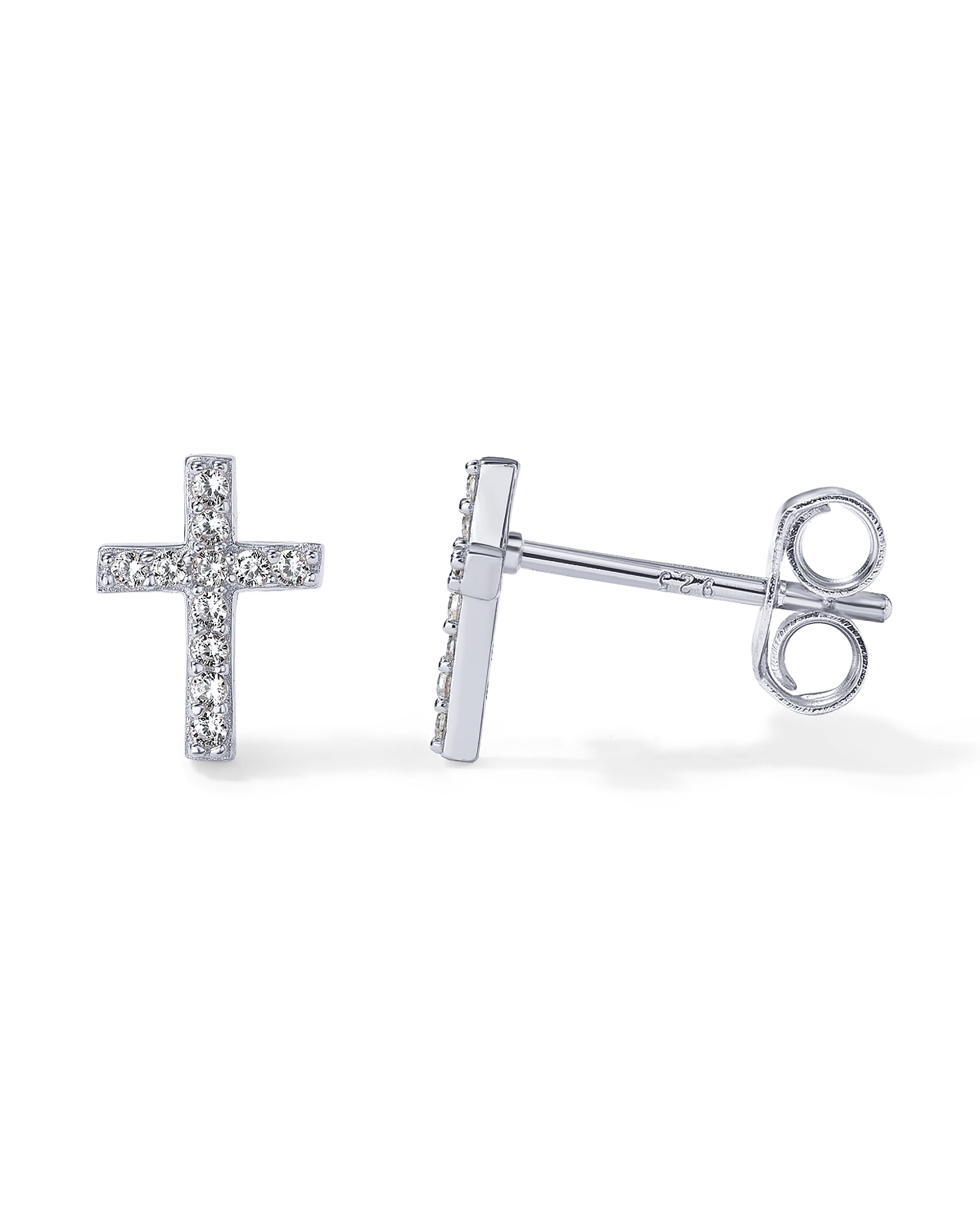 PAVOI 14K White Gold Plated Girls Sterling Silver Earrings | Pave CZ White Gold Cross Earrings for Women