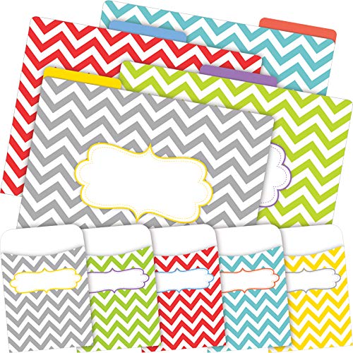 Barker Creek File Folder and Library Pocket Set, Nautical Chevron, 12 File Folders Printed on 14pt Stock and 30 Coordinating Peel & Stick Library Pockets, Home, School and Office Supplies (4416)