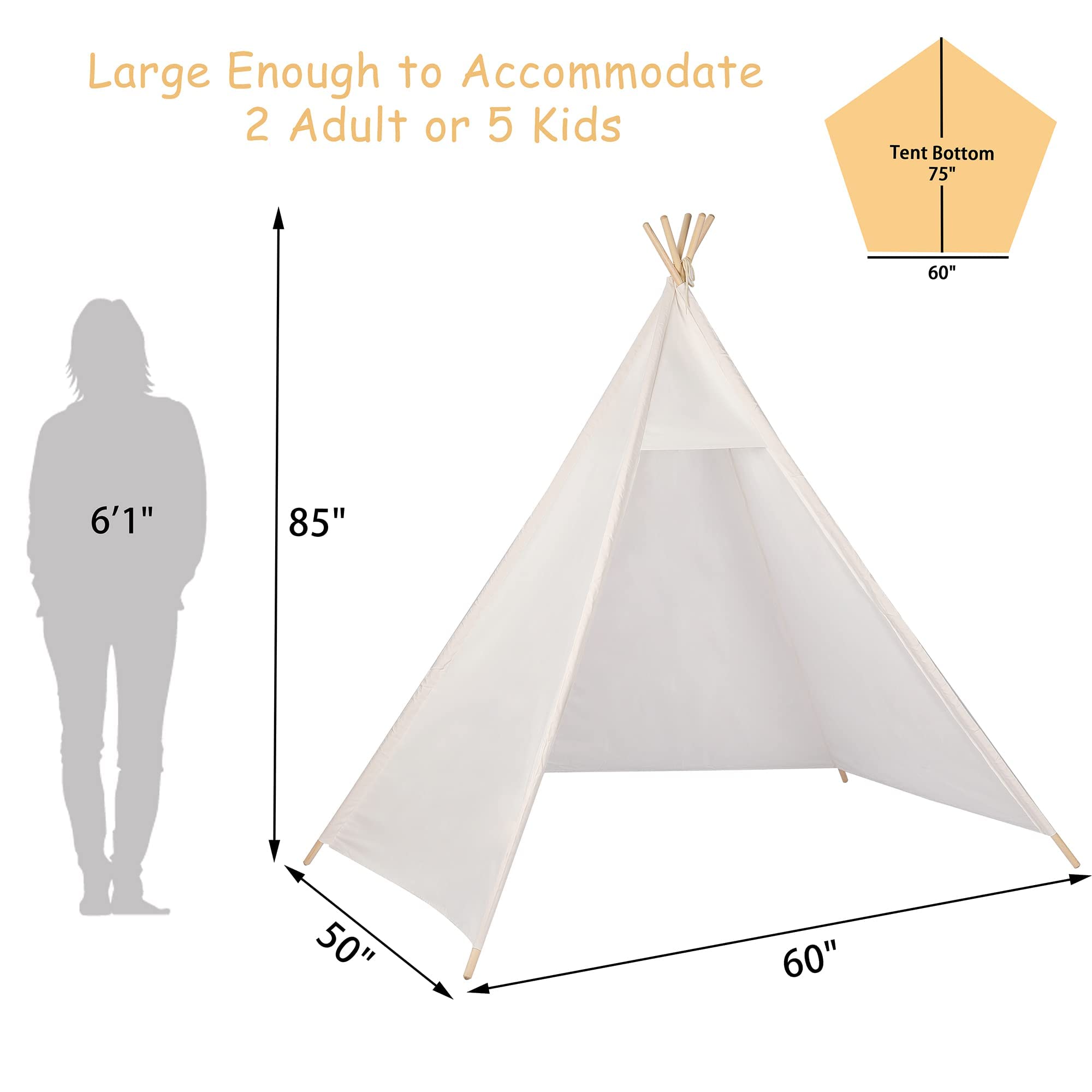 Betterhood 7' Large Teepee Tent for Adults, Play Tent with Carry Bag, 5 Sides Canvas Kids Teepee Tent Indoor & Outdoor Tents for Party, Wedding, Photo Prop, White