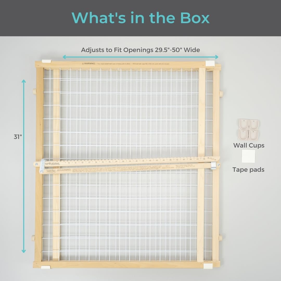 Toddleroo by North States Extra Wide Wire Mesh Wooden Baby Gate: 29.5"-50" Wide. Pressure Mounted Baby Gate for Doorway. (31" Tall, Sustainable Hardwood)