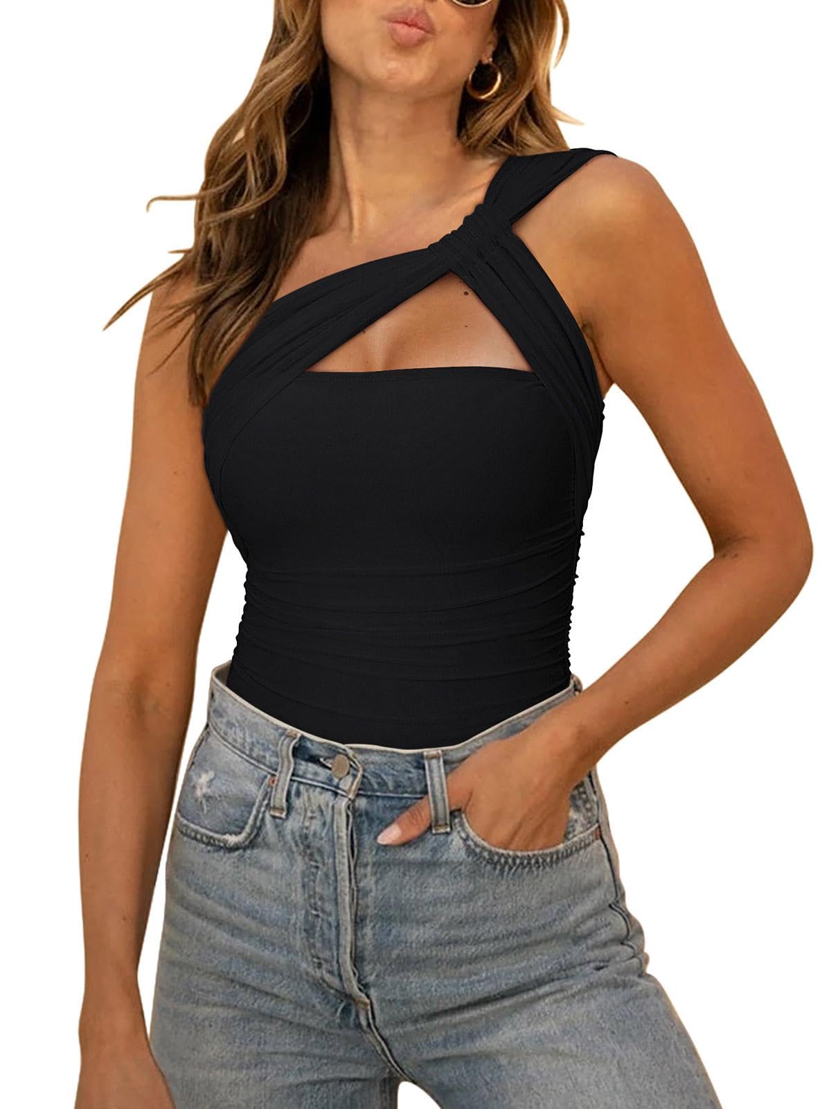 REORIA Womens Sexy One Shoulder Asymmetrical Tank Top Leopard Print Mesh Ruched Sleeveless Backless Trendy Going Out Thong Bodysuits Tops Black Medium