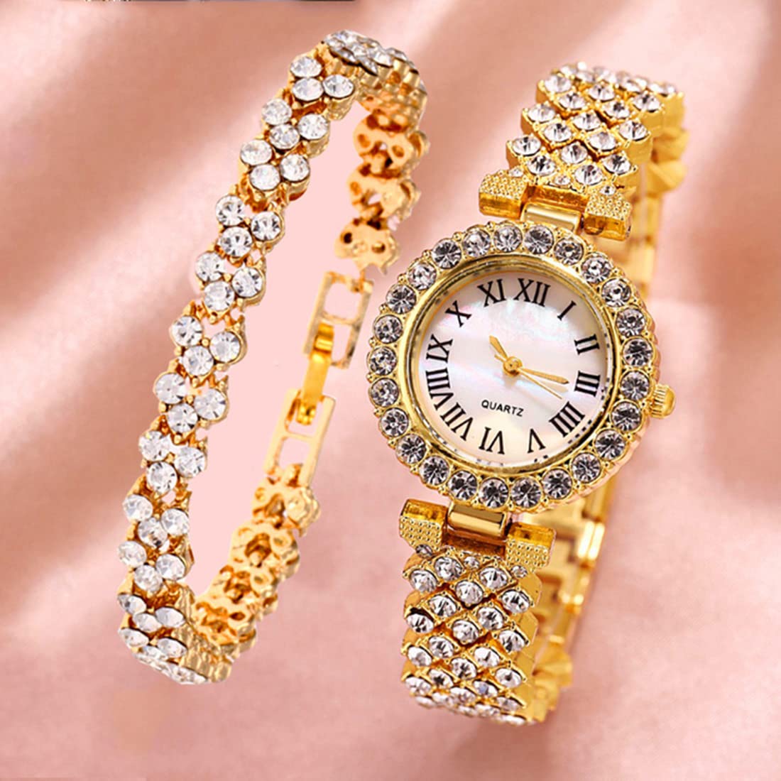 Women Diamond Watchs Luxury Fashion Ladies Bangle Bracelet Set Wrist Watch Female Dress Watch (Silver) (Gold)