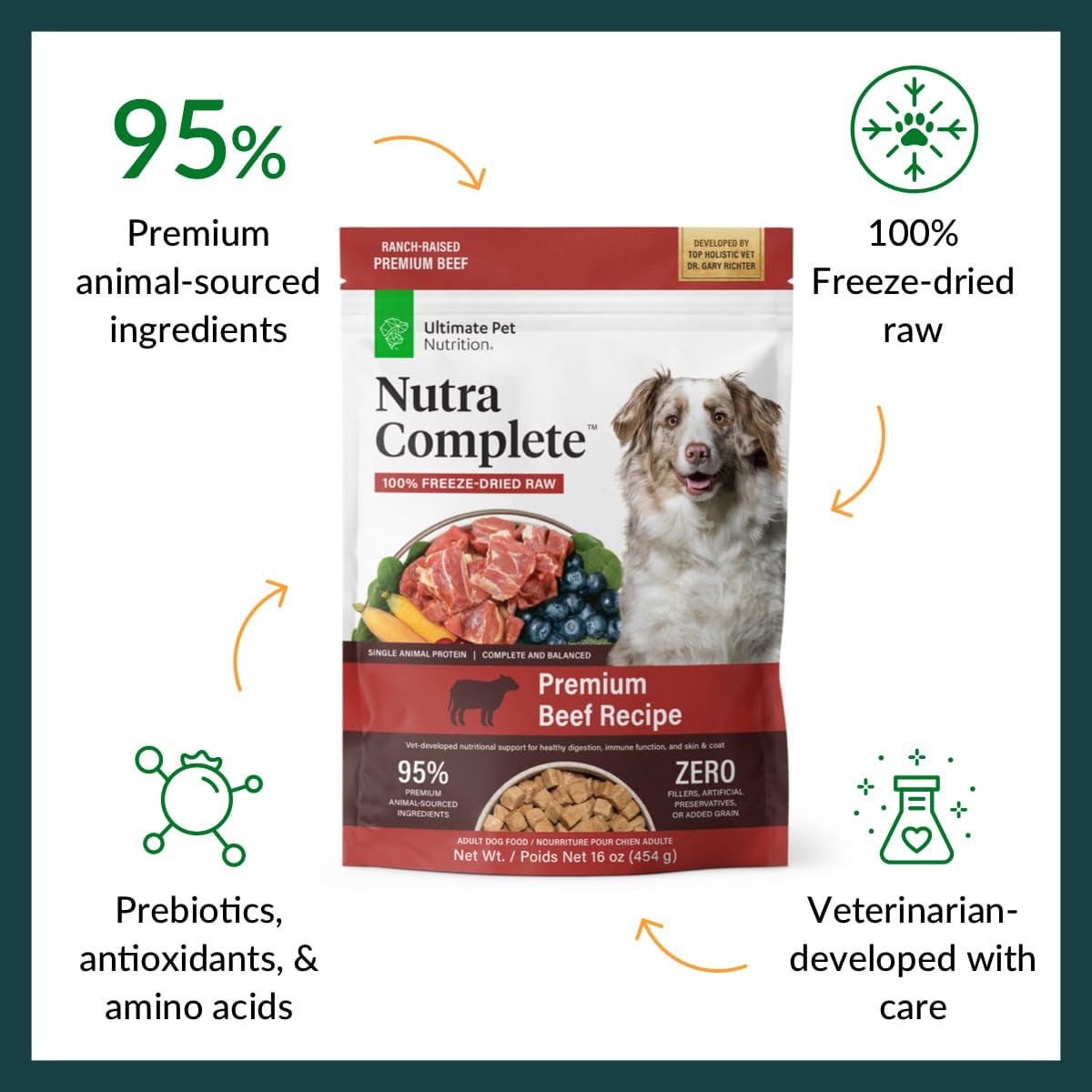 ULTIMATE PET NUTRITION Nutra Complete, 100% Freeze Dried Veterinarian Formulated Raw Dog Food with Antioxidants Prebiotics and Amino Acids (1 Pound, Beef)