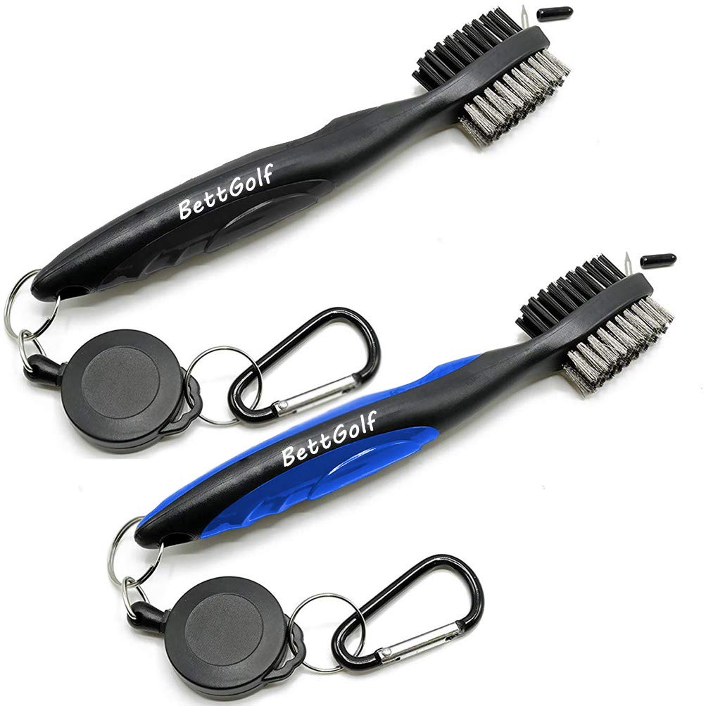 Pack of 2 Golf Club Brush and Groove Cleaner Brush Brushes in 2 for Golf Shoes/Golf Club/Golf/Golf Groove, Attach 2 feet Retractable Zip-line Aluminum Carabiner (Black+Blue)