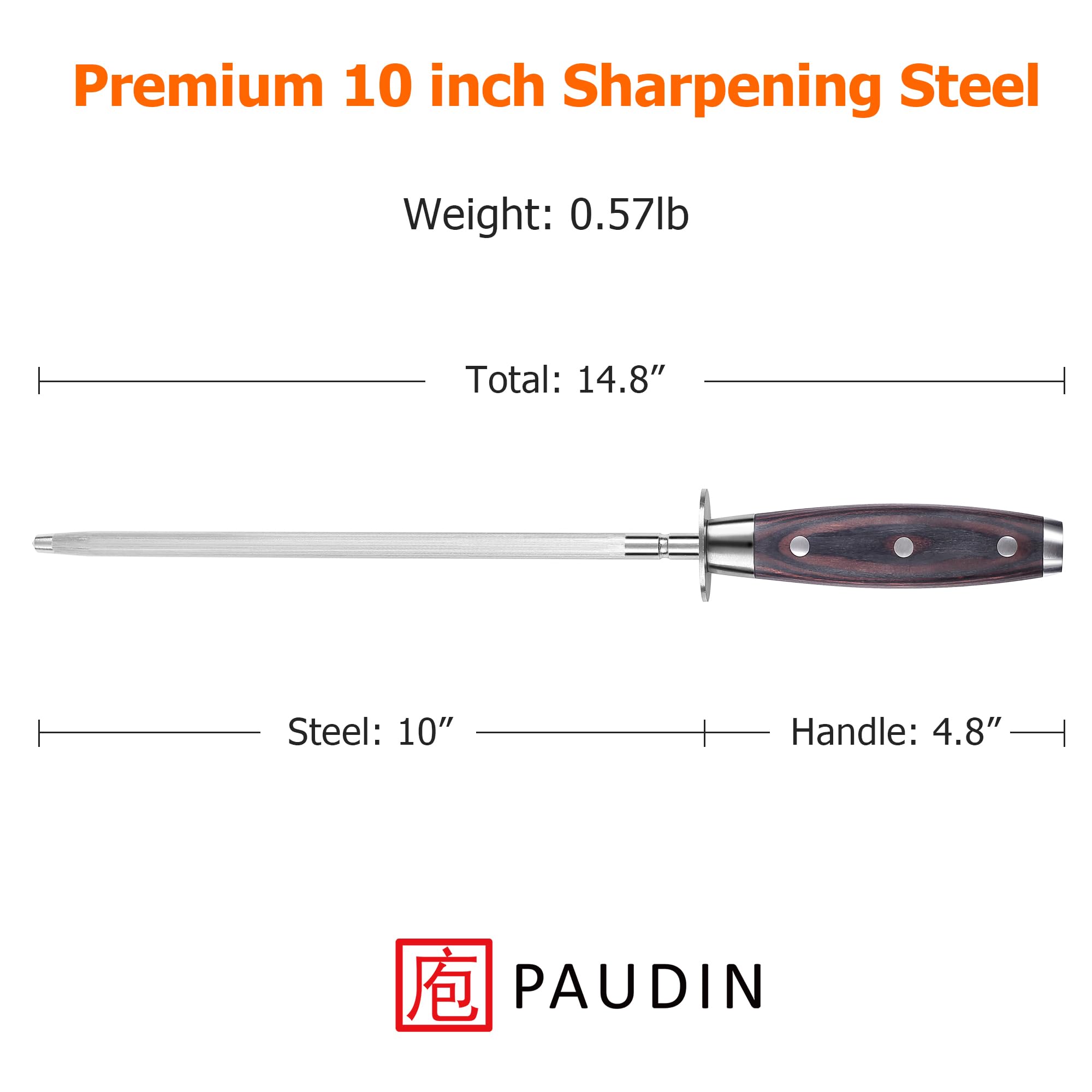 PAUDIN 10 Inch Honing Steel, Knife Sharpening Steel, Professional Carbon Steel Knife Sharpener Rod for Kitchen Knives