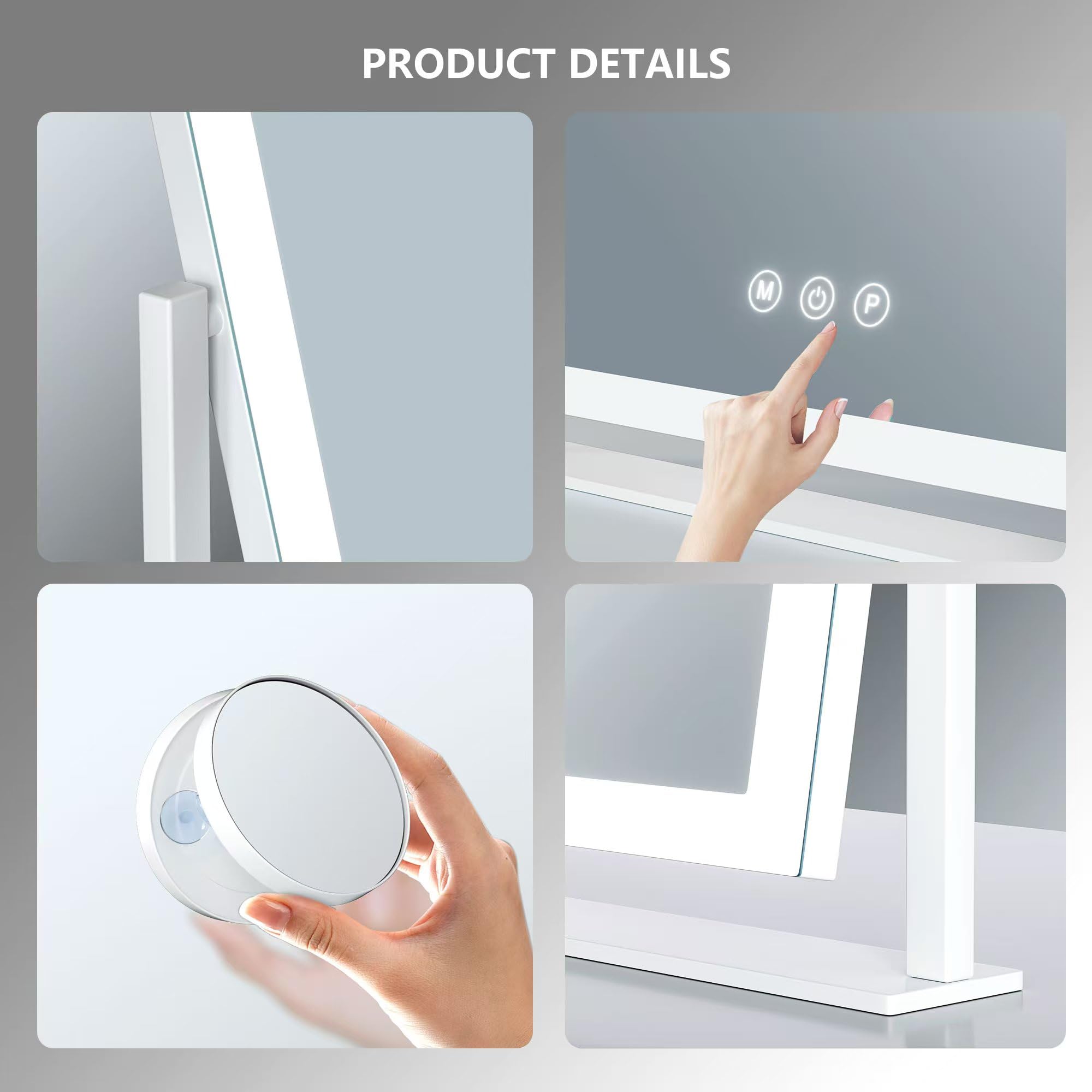 Gvnkvn 15.2" Lighted Makeup Mirror Hollywood Vanity Mirror with Lights, Three Color Modes,Detachable 10X Magnification Mirror, Smart Touch Control, 360°Rotation White