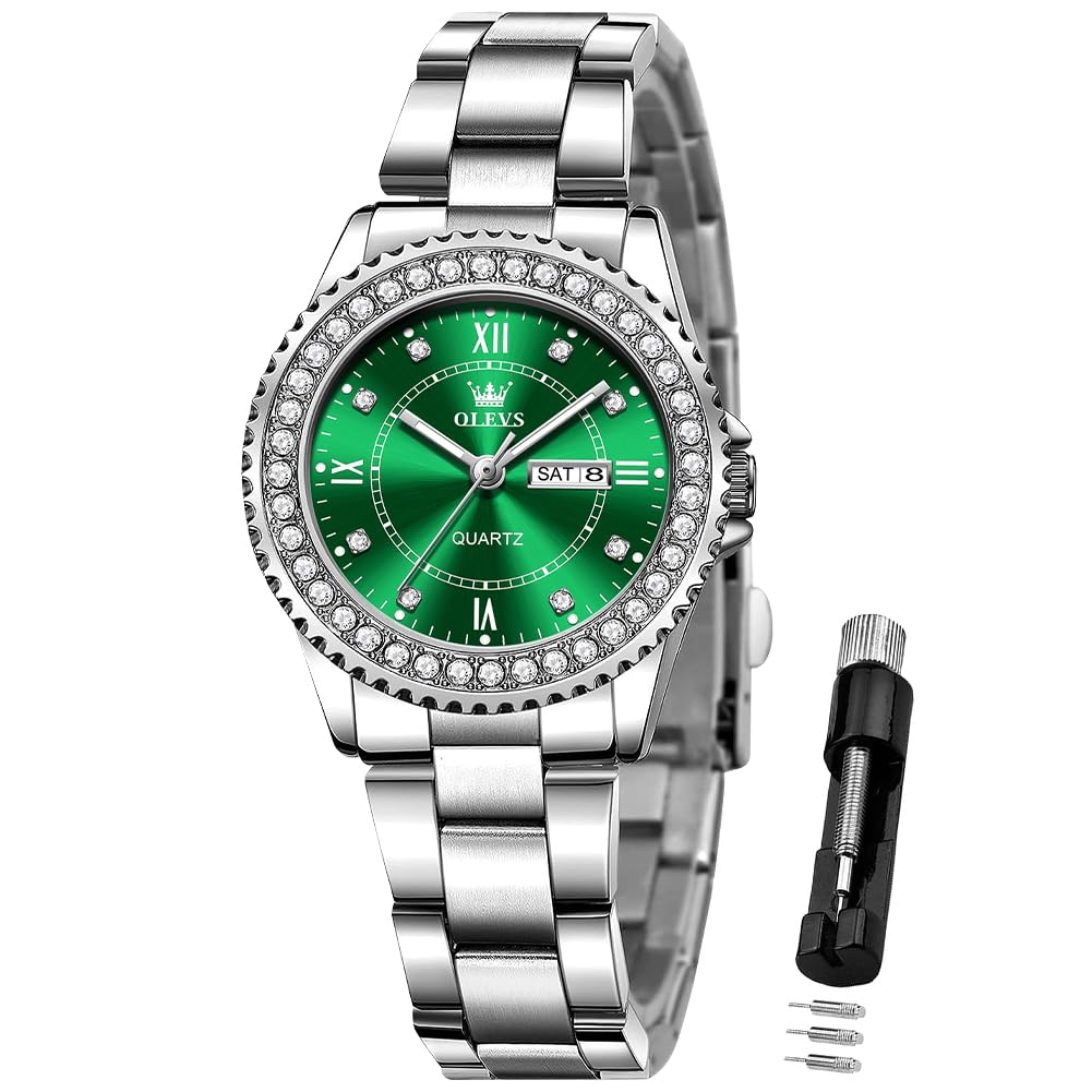 OLEVS Green Women Wrist Watches Luxury Fashion Quartz Analog Stainless Steel Waterproof Ladies Watch Diamond Dial Gift Women Watch